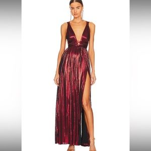 Bronx and Banco Metallic Burgundy Red Plunging Evening Gown